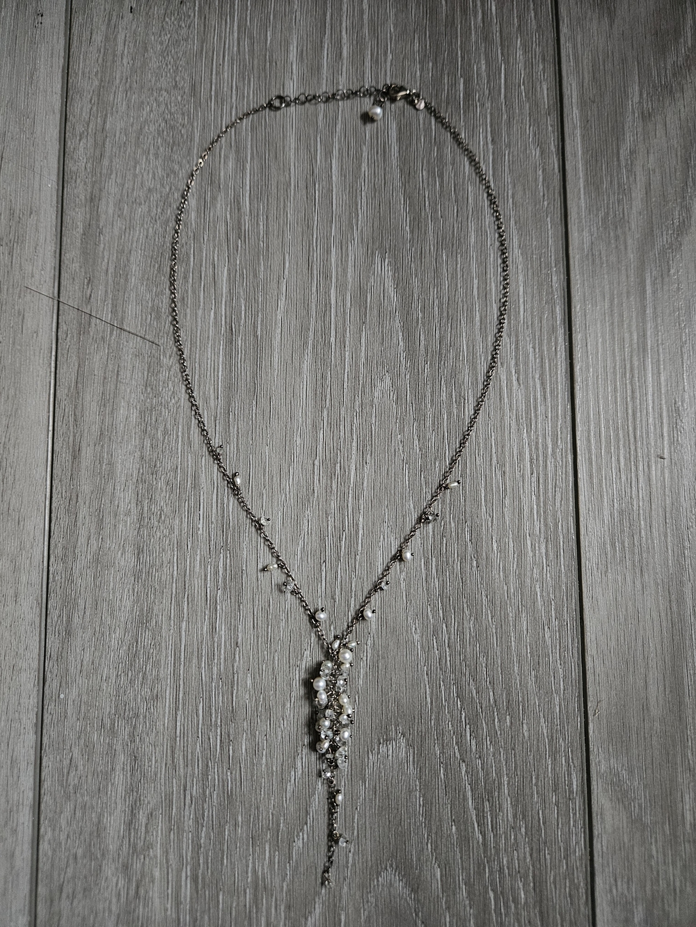 Silver Pearl and Crystal Drop Necklace